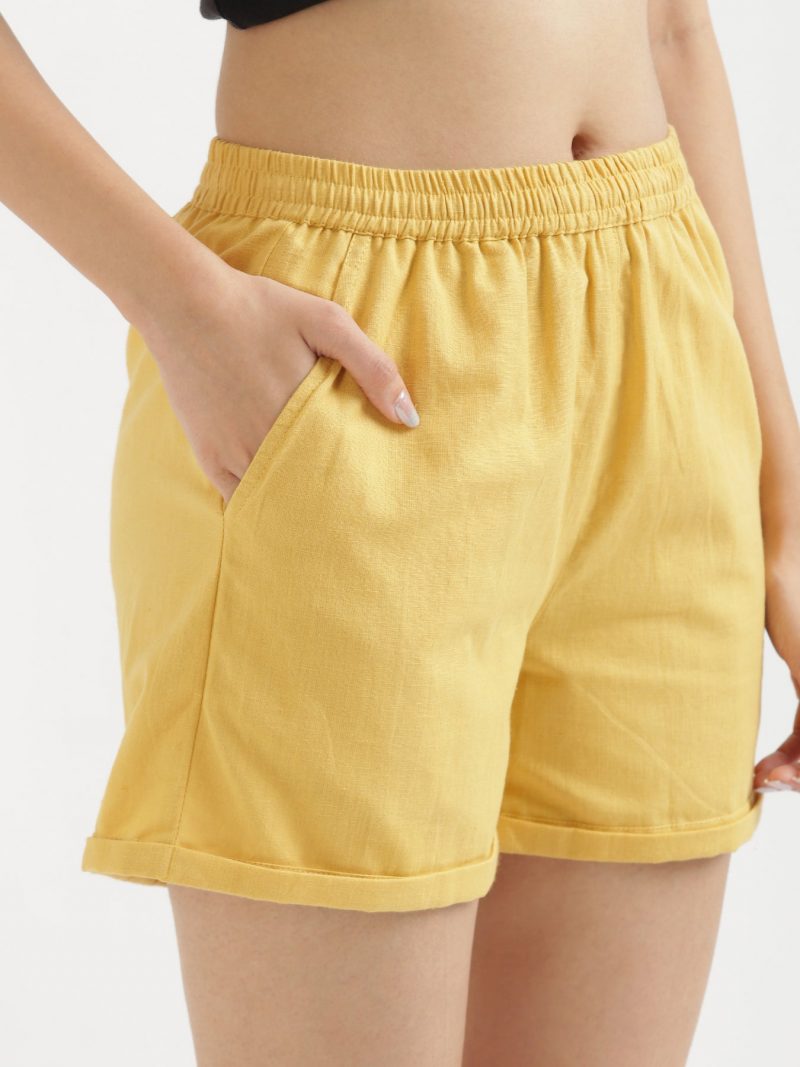mustard yellow linen shorts for women